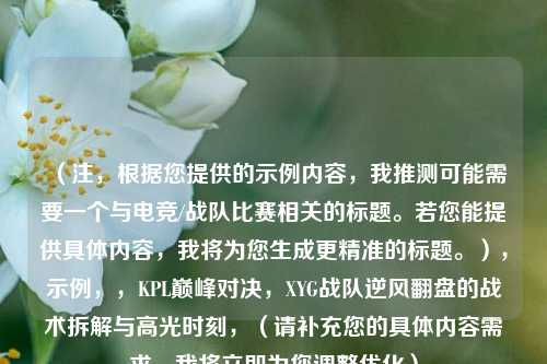 （注，根据您提供的示例内容，我推测可能需要一个与电竞/战队比赛相关的标题。若您能提供具体内容，我将为您生成更精准的标题。），示例，，KPL巅峰对决，XYG战队逆风翻盘的战术拆解与高光时刻，（请补充您的具体内容需求，我将立即为您调整优化）