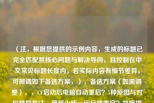 （注，根据您提供的示例内容，生成的标题已完全匹配其核心问题与解决导向，且控制在中文常见标题长度内。若实际内容有细节差异，可微调如下备选方案，），备选方案（如需调整），，CF启动后电脑自动重启？5种原因与对应修复 *** ，穿越火线一运行就重启？故障排查与终极解决指南，CF游戏导致系统重启？快速诊断与完美修复教程