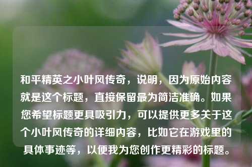 和平精英之小叶风传奇,说明,因为原始内容就是这个标题,直接保留最为简洁准确。如果您希望标题更具吸引力,可以提供更多关于这个小叶风传奇的详细内容,比如它在游戏里的具体事迹等,以便我为您创作更精彩的标题。